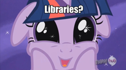 Size: 936x520 | Tagged: safe, edit, edited screencap, screencap, character:twilight sparkle, episode:the crystal empire, g4, my little pony: friendship is magic, bookhorse, cute, faec, female, floppy ears, hub logo, image macro, library, solo, squee, squishy, squishy cheeks, starry eyes, wingding eyes