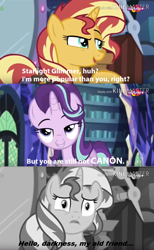 Size: 808x1312 | Tagged: safe, edit, edited screencap, screencap, character:starlight glimmer, character:sunset shimmer, species:pony, species:unicorn, equestria girls:mirror magic, g4, my little pony: equestria girls, my little pony:equestria girls, spoiler:eqg specials, canon, duo, edited edit, female, hello darkness my old friend, hilarious in hindsight, mare, op is a duck, op is trying to start shit, song reference, sunset vs starlight debate, teletoon, the sound of silence