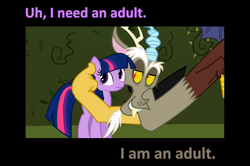 Size: 1611x1071 | Tagged: safe, edit, edited screencap, screencap, character:discord, character:twilight sparkle, species:pony, species:unicorn, bedroom eyes, caption, female, i need an adult, male, mare, rapeface