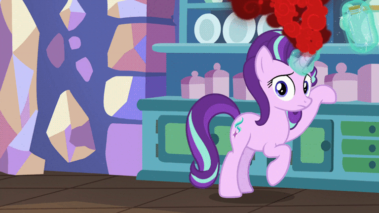Size: 768x432 | Tagged: safe, edit, screencap, character:starlight glimmer, species:pony, species:unicorn, episode:all bottled up, g4, my little pony: friendship is magic, anger magic, animated, bottle, caption, cupboard, eyes closed, fear, female, floppy ears, gesture, gif, jar, kitchen, levitation, magic, plate, pointing, shame, solo, teapot, telekinesis, text, twilight's castle, worried