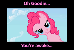Size: 1578x1078 | Tagged: safe, edit, edited screencap, screencap, character:pinkie pie, species:earth pony, species:pony, bedroom eyes, caption, female, looking at you, mare, rapeface, solo