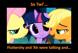 Size: 1577x1078 | Tagged: safe, edit, edited screencap, screencap, character:applejack, character:fluttershy, character:twilight sparkle, species:earth pony, species:pegasus, species:pony, species:unicorn, ship:appleshy, ship:twijack, appletwishy, bedroom eyes, caption, female, lesbian, mare, shipping