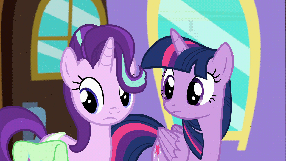 Size: 960x540 | Tagged: safe, edit, edited screencap, screencap, character:starlight glimmer, character:twilight sparkle, character:twilight sparkle (alicorn), species:alicorn, species:pony, species:unicorn, episode:all bottled up, g4, my little pony: friendship is magic, animated, aside glance, caption, door, gif, grin, looking at you, looking sideways, raised hoof, saddle bag, sheepish grin, smiling, smug, smuglight glimmer, smuglight sparkle, text, train, window