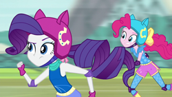 Size: 1280x720 | Tagged: safe, edit, edited screencap, screencap, character:pinkie pie, character:rarity, equestria girls:friendship games, g4, my little pony: equestria girls, my little pony:equestria girls, breast edit, breasts, duo, female, roller skates, small breasts, speed lines