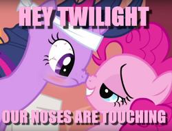 Size: 856x654 | Tagged: safe, edit, edited screencap, screencap, character:pinkie pie, character:twilight sparkle, species:pony, episode:it's about time, g4, my little pony: friendship is magic, blushing, boop, image macro, lidded eyes, meme, noseboop, pink text