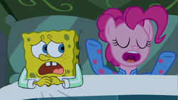 Size: 1280x720 | Tagged: safe, edit, edited screencap, screencap, character:pinkie pie, species:pony, episode:rock solid friendship, g4, my little pony: friendship is magic, footed sleeper, hair curlers, sleeping, sleepover, spongebob squarepants