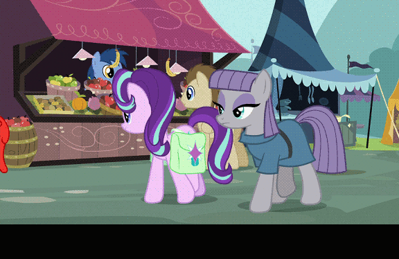 Size: 576x374 | Tagged: safe, edit, screencap, character:derpy hooves, character:lily, character:lily valley, character:maud pie, character:roseluck, character:starlight glimmer, species:pony, episode:rock solid friendship, g4, my little pony: friendship is magic, am i?, animated, background pony, caption, cloud, fruit, gif, market, ponyville, saddle bag, squint, tent, text