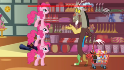 Size: 2560x1440 | Tagged: safe, edit, edited screencap, screencap, character:discord, character:pinkie pie, episode:discordant harmony, g4, my little pony: friendship is magic, boomerang (tv channel), comparison, height difference, multeity, shopping, shopping cart, stack, stacking