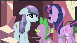 Size: 1920x1080 | Tagged: safe, edit, edited screencap, screencap, character:spike, character:twilight sparkle, species:dragon, species:pony, species:unicorn, butt, caption, female, male, mare, plot, youtube caption