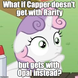 Size: 500x500 | Tagged: safe, edit, edited screencap, screencap, character:capper dapperpaws, character:opalescence, character:rarity, character:sweetie belle, species:pony, ship:capperity, episode:ponyville confidential, g4, my little pony: friendship is magic, my little pony: the movie (2017), cropped, exploitable meme, female, image macro, meme, shipping, solo, sudden clarity sweetie belle