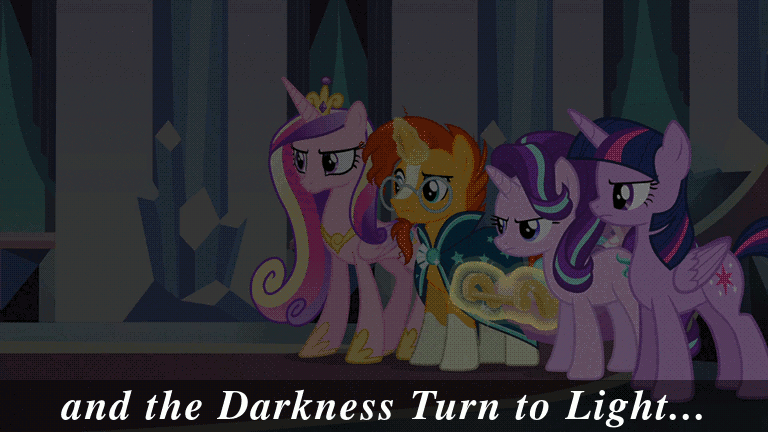 Size: 768x432 | Tagged: safe, edit, edited screencap, screencap, character:princess cadance, character:princess flurry heart, character:spike, character:starlight glimmer, character:sunburst, character:thorax, character:twilight sparkle, character:twilight sparkle (alicorn), species:alicorn, species:dragon, species:pony, episode:the times they are a changeling, g4, my little pony: friendship is magic, a changeling can change, angry, animated, armor, caption, concerned, crystal guard, crystal guard armor, darkness, gesture, gif, light, looking up, lyrics, magic, reaction, singing, sleeping, song, song reference, spotlight, sympathy, telekinesis, text