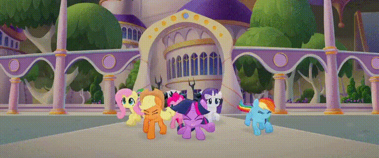 Size: 768x320 | Tagged: safe, edit, screencap, character:applejack, character:fluttershy, character:pinkie pie, character:rainbow dash, character:rarity, character:twilight sparkle, character:twilight sparkle (alicorn), species:alicorn, species:pony, my little pony: the movie (2017), animated, castlevania, dracula, exploitable meme, fire, floppy ears, gif, mane six, mane six encounter villains, meme, netflix