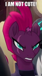 Size: 600x1073 | Tagged: safe, edit, edited screencap, screencap, character:tempest shadow, species:pony, species:unicorn, my little pony: the movie (2017), angry, armor, blatant lies, broken horn, cute, eye scar, female, i'm not cute, image macro, mare, meme, pretty pretty tempest, scar, storm guard, tempestbetes