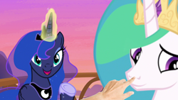 Size: 1280x720 | Tagged: safe, edit, screencap, character:princess celestia, character:princess luna, species:pony, episode:a royal problem, g4, my little pony: friendship is magic, boop, boop edit, bronybait, cute, hand, looking at you, magic, meta