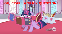 Size: 765x424 | Tagged: safe, edit, edited screencap, screencap, character:twilight sparkle, episode:the crystal empire, g4, my little pony: friendship is magic, book, crystal empire, female, image macro, panic, quill, scroll, solo, test