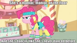 Size: 960x540 | Tagged: safe, edit, edited screencap, screencap, character:pinkie pie, episode:a friend in deed, g4, my little pony: friendship is magic, caption, dialogue, headband, hub logo, image macro, leg warmers, maniac, meme, michael sembello, pun, song reference, workout outfit, wristband