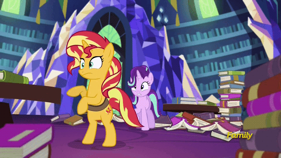 Size: 960x540 | Tagged: safe, edit, edited screencap, screencap, character:starlight glimmer, character:sunset shimmer, species:pony, species:unicorn, equestria girls:mirror magic, g4, my little pony: equestria girls, my little pony:equestria girls, spoiler:eqg specials, anatomically incorrect, animated, bipedal, book, breath, caption, cute, duo, female, gif, grimace, hooves on hips, in the human world for too long, incorrect leg anatomy, it happened, library, mare, pawing the ground, portal, raised eyebrow, raised hoof, shimmerbetes, text, twilight's castle, twilight's castle library, weirded out