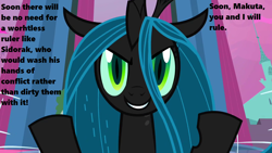 Size: 1280x720 | Tagged: safe, edit, edited screencap, screencap, character:queen chrysalis, species:changeling, episode:a canterlot wedding, g4, my little pony: friendship is magic, bionicle, changeling queen, female, kathleen barr, lego, roodaka, season 2, solo, voice actor joke, web of shadows