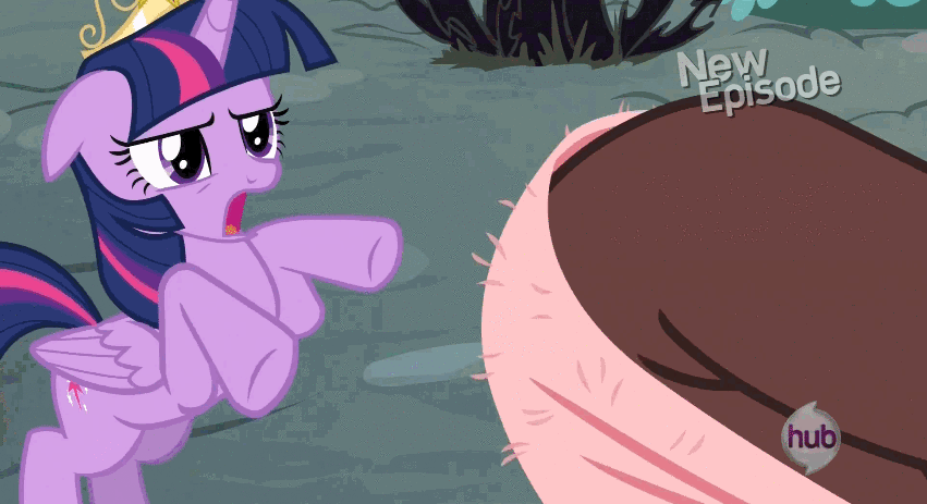 Size: 851x463 | Tagged: safe, edit, edited screencap, screencap, character:discord, character:twilight sparkle, character:twilight sparkle (alicorn), species:alicorn, species:pony, episode:princess twilight sparkle, g4, my little pony: friendship is magic, animated, butt touch, gif, hoof on butt, out of context, pushing, reversed, rump push, towel