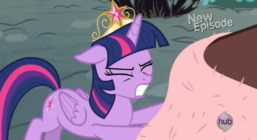 Size: 851x463 | Tagged: safe, edit, edited screencap, screencap, character:discord, character:twilight sparkle, character:twilight sparkle (alicorn), species:alicorn, species:pony, episode:princess twilight sparkle, g4, my little pony: friendship is magic, animated, big crown thingy, butt touch, gif, hoof on butt, hub logo, jewelry, new episode, pushing, regalia, reversed, rump push, towel