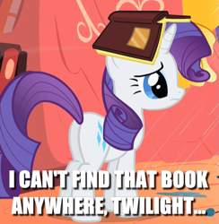 Size: 567x582 | Tagged: safe, edit, edited screencap, screencap, character:rarity, species:pony, species:unicorn, episode:look before you sleep, g4, my little pony: friendship is magic, book, cute, female, image macro, meme, rarara, raribetes, silly, silly pony, solo