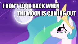 Size: 800x450 | Tagged: safe, edit, edited screencap, screencap, character:princess celestia, species:alicorn, species:pony, episode:celestial advice, g4, my little pony: friendship is magic, crying, female, image macro, mare, mare in the moon, meme, moon, night, solo