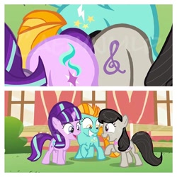 Size: 750x750 | Tagged: safe, edit, edited screencap, screencap, character:lightning dust, character:octavia melody, character:starlight glimmer, species:earth pony, species:pegasus, species:pony, species:unicorn, female, filly, glimmer glutes, grin, looking at each other, raised hoof, smiling, treblebutt, watermark