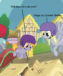 Size: 597x720 | Tagged: safe, edit, edited screencap, screencap, character:crackle pop, character:derpy hooves, character:snips, episode:the cart before the ponies, g4, my little pony: friendship is magic, cropped, dialogue, helmet, text, wreckage