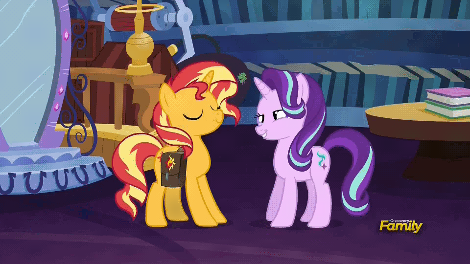 Size: 960x540 | Tagged: safe, edit, screencap, character:starlight glimmer, character:sunset shimmer, species:pony, species:unicorn, equestria girls:mirror magic, g4, my little pony: equestria girls, my little pony:equestria girls, spoiler:eqg specials, animated, book, close-up, cute, discovery family logo, excited, eye shimmer, faec, frown, gif, glimmerbetes, glimmie, grin, heart eyes, library, looking at each other, loop, portal, saddle bag, scrunchy face, slow motion, smiling, stare, starry eyes, surprised, table, twilight's castle, wide eyes, wingding eyes