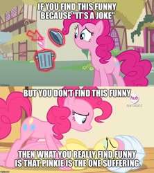 Size: 888x998 | Tagged: safe, edit, edited screencap, screencap, character:fluttershy, character:pinkie pie, species:pony, episode:filli vanilli, episode:magic duel, g4, my little pony: friendship is magic, meme, metadrama, op is a duck, op is trying to start shit, pinkie drama, pinkie drama drama