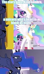 Size: 500x844 | Tagged: safe, edit, edited screencap, screencap, character:princess celestia, character:princess luna, character:twilight sparkle, episode:the crystal empire, g4, my little pony: friendship is magic, comic, luna is not amused, poor word choice, screencap comic, unamused