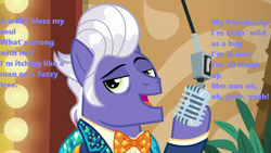 Size: 1280x720 | Tagged: safe, edit, edited screencap, screencap, character:gladmane, episode:viva las pegasus, g4, my little pony: friendship is magic, all shook up, elvis presley, hotel, las pegasus, looking at you, lyrics, microphone, season 6, singing, solo, song reference, text