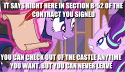 Size: 856x492 | Tagged: safe, edit, edited screencap, screencap, character:starlight glimmer, character:twilight sparkle, character:twilight sparkle (alicorn), species:alicorn, species:pony, episode:a royal problem, g4, my little pony: friendship is magic, contract, hotel california, image macro, meme, song reference, the eagles