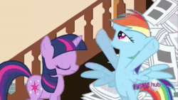 Size: 1920x1080 | Tagged: safe, edit, edited screencap, screencap, character:rainbow dash, character:tank, character:twilight sparkle, species:pony, episode:ponyville confidential, episode:tanks for the memories, g4, my little pony: friendship is magic, alternate scene, animated, clothing, crying, discovery family logo, hub logo, robe, slippers, sound, tank slippers, volumetric mouth, webm