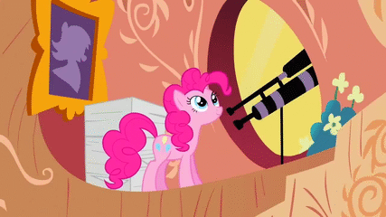 Size: 427x240 | Tagged: safe, edit, edited screencap, screencap, character:carrot top, character:golden harvest, character:pinkie pie, episode:it's about time, g4, my little pony: friendship is magic, animated, female, solo, telescope