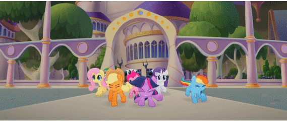 Size: 569x240 | Tagged: safe, edit, edited screencap, screencap, character:applejack, character:fluttershy, character:pinkie pie, character:rainbow dash, character:rarity, character:twilight sparkle, character:twilight sparkle (alicorn), species:alicorn, species:pony, my little pony: the movie (2017), animated, berserk, gif, griffith, mane six encounter villains, meme
