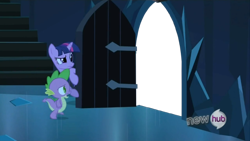 Size: 854x480 | Tagged: safe, edit, edited screencap, screencap, character:spike, character:twilight sparkle, episode:the crystal empire, g4, my little pony: friendship is magic, duo, exploitable, exploitable meme, hub logo, meme, nightmare wall, template, the scary door