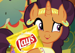 Size: 1090x768 | Tagged: safe, edit, edited screencap, screencap, character:saffron masala, species:pony, species:unicorn, episode:spice up your life, g4, my little pony: friendship is magic, chips, cute, female, food, lays, manip, mare, photomanipulation, ponies just love lays, potato chips, saffronbetes, solo