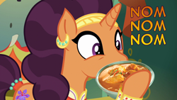 Size: 1366x768 | Tagged: safe, edit, edited screencap, screencap, character:saffron masala, species:pony, species:unicorn, episode:spice up your life, g4, my little pony: friendship is magic, curry, cute, female, food, manip, mare, photomanipulation, saffronbetes, solo, that pony sure does love curry