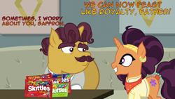 Size: 1366x768 | Tagged: safe, edit, edited screencap, screencap, character:coriander cumin, character:saffron masala, species:pony, episode:spice up your life, g4, my little pony: friendship is magic, candy, dialogue, food, manip, photomanipulation, skittles