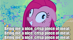 Size: 624x350 | Tagged: safe, edit, edited screencap, screencap, character:pinkamena diane pie, character:pinkie pie, episode:party of one, g4, my little pony: friendship is magic, contemplating insanity, enderal, image macro, meme, ponies eating meat, text