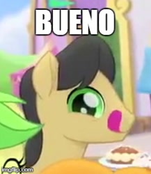Size: 246x284 | Tagged: safe, edit, edited screencap, screencap, character:apple fritter, character:caramel apple, character:golden delicious, species:earth pony, species:pony, my little pony: the movie (2017), apple family member, background pony, bueno, female, festival of friendship, image macro, licking, licking lips, looking at you, male, mare, meme, reaction image, solo focus, stallion, tongue out