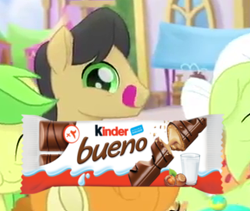 Size: 325x274 | Tagged: safe, edit, edited screencap, screencap, character:apple fritter, character:caramel apple, character:golden delicious, character:granny smith, species:pony, my little pony: the movie (2017), apple family member, background pony, bueno, female, festival of friendship, kinder bueno, male, mare, reaction image, stallion, tongue out