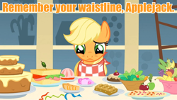 Size: 960x540 | Tagged: safe, edit, edited screencap, screencap, character:applejack, species:earth pony, species:pony, episode:a bird in the hoof, g4, my little pony: friendship is magic, female, food, image macro, meme, orange text, solo