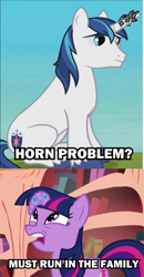 Size: 500x965 | Tagged: safe, edit, edited screencap, screencap, character:shining armor, character:twilight sparkle, episode:bridle gossip, episode:the crystal empire, g4, my little pony: friendship is magic, comic, cropped, horn crystals, image macro, screencap comic, twilight flopple