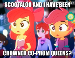Size: 691x537 | Tagged: safe, edit, edited screencap, screencap, character:apple bloom, character:nolan north, character:scootaloo, character:sophisticata, species:pegasus, species:pony, ship:scootabloom, episode:raise this roof, eqg summertime shorts, g4, my little pony: equestria girls, my little pony:equestria girls, apple bloom's bow, bow, clothing, fall formal outfits, female, hair bow, image macro, implied lesbian, lesbian, meme, nolan north, open mouth, shipping, sophisticata