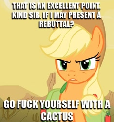 Size: 450x480 | Tagged: safe, edit, edited screencap, screencap, character:applejack, species:earth pony, species:pony, episode:over a barrel, g4, my little pony: friendship is magic, female, glare, image macro, mare, solo, vulgar