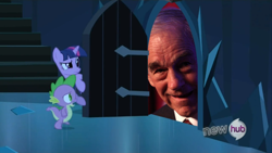 Size: 854x480 | Tagged: safe, edit, edited screencap, screencap, character:spike, character:twilight sparkle, episode:the crystal empire, g4, my little pony: friendship is magic, exploitable meme, hub logo, meme, photo, ron paul, the scary door