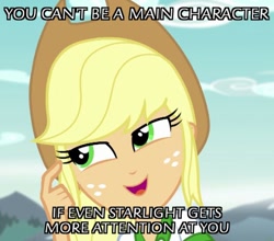 Size: 540x476 | Tagged: safe, edit, edited screencap, screencap, character:applejack, character:starlight glimmer, my little pony:equestria girls, drama, meme, op is a duck, op is trying to start shit, roll safe, starlight drama