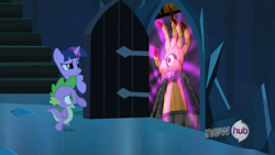 Size: 854x480 | Tagged: safe, edit, edited screencap, screencap, character:spike, character:twilight sparkle, episode:the crystal empire, g4, my little pony: friendship is magic, exploitable meme, horror's hand, meme, the grim adventures of billy and mandy, the scary door